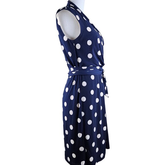 Eliza J Polka Dot Jersey Faux Wrap Dress Size 8 Fully Lined Belt Navy Blue Cream - Picture 3 of 11